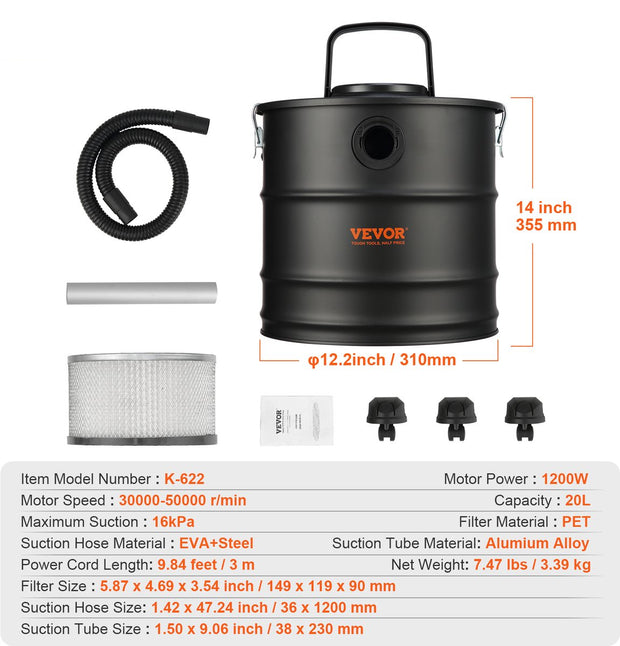 Elektrische Aszuiger - 1200W - Grote Capaciteit van 20 Liter - HEPA Systeem - Flexibele Slang van 1,2 m - Multifunctioneel voor Open Haarden - Tuinreiniging en Meer - Inclusief Aluminium Buis - Rollen en Filter - Zwart