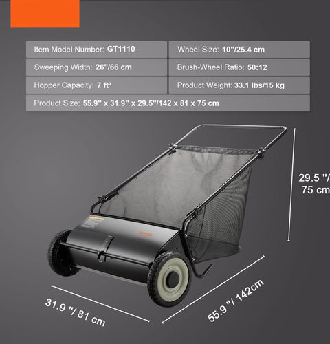 Grasmaaier - Handmatige Tuinveger - 66 cm Werkbreedte - 198L Opvangzak - Verstelbare Borstelhoogte - Stevige Stalen Constructie - Geschikt voor Gazon - Oprit en Tuin