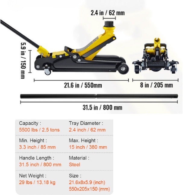 Garagekrik - Professionele Hydraulische Krik - Zware Stalen Versie - 2500 kg - Hefboom - 8,5 tot 38 cm - Zwenkwiel