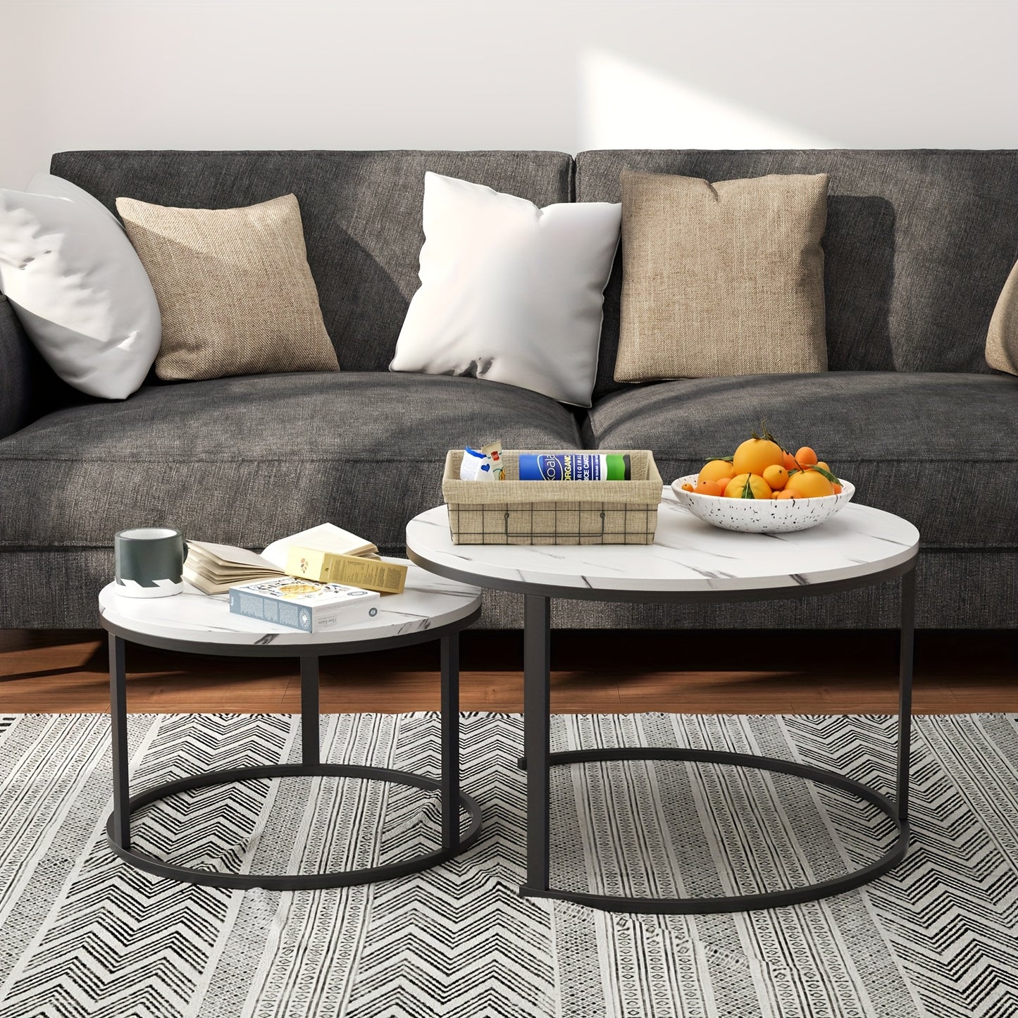 Ronde Salontafel – Bijzettafel – Sofa Tafel – Decoratieve Tafel – Kleine Tafel – 2-in-1 Set – Hoogglans Wit – Stijlvol Industrieel Design