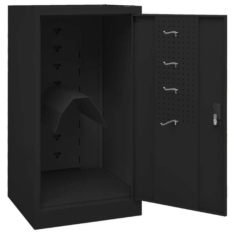 Werkplaatskast – Opbergrek – Gereedschapskast – Werkplaatsmeubel – Stellingkast – Zwart Staal – Verstelbare Haken & Afsluitbare Deur – 53x53x105 cm