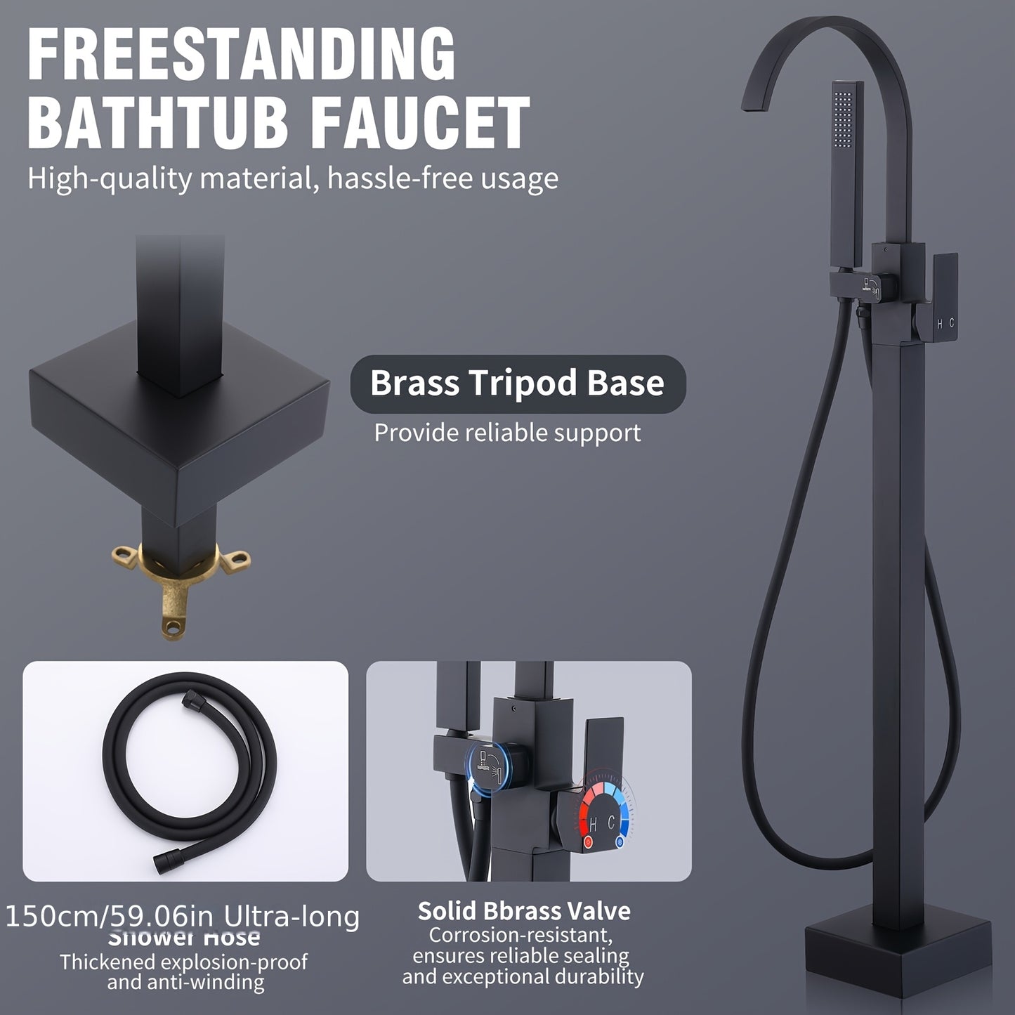 Modern Black Freestanding Bathtub Faucet with Brass Waterfall Spout & Hand Shower - 360° Swivel Spout, Floor-Mounted Design, Copper Valve Core, Easy Installation (No Batteries/Electrical Required), G3/8 Connections, Painted