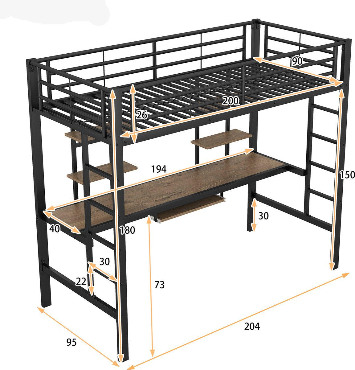 Kinderbed - Zonder Matras - Zonder Stoel - Metalen Bedframe met Bureau en Twee Boekenplanken - Geschikt voor Kinderen - Tieners en Volwassenen - 90x200 cm - Zwart