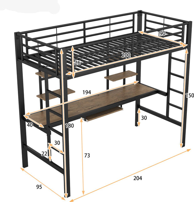 Kinderbed - Zonder Matras - Zonder Stoel - Metalen Bedframe met Bureau en Twee Boekenplanken - Geschikt voor Kinderen - Tieners en Volwassenen - 90x200 cm - Zwart