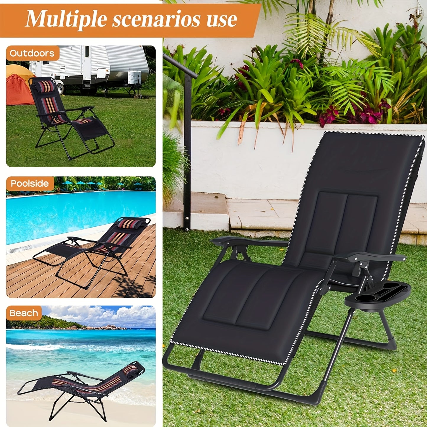 Inklapbare Tuinloungestoel – Tuinstoel – Balkonstoel – Terrasstoel – Loungezetel – Extra Breed 72 cm – Inclusief Cuphouder – Verstelbare Rugleuning – Draagvermogen 150 kg – Set van 2
