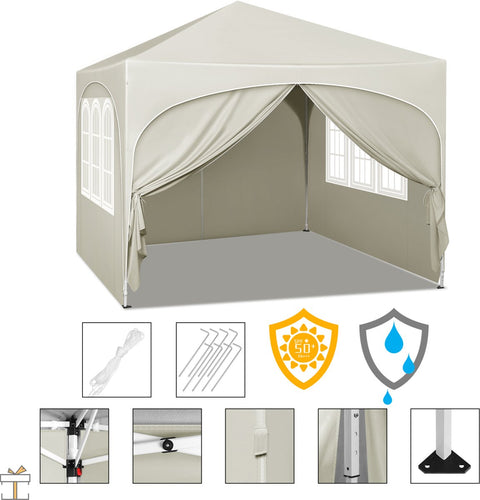 Partytent met zijwanden - Beige - Opvouwbaar - Easy up - Paviljoen - Waterdicht weerbestendig - 3x3 m
