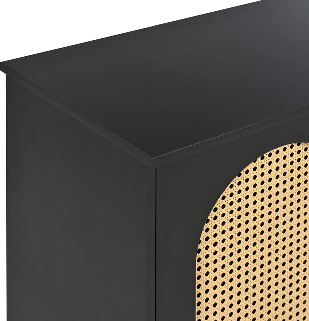 Dressoir - Zwart - met 3 Deuren - Veel Opbergruimte - Kunstrotan Deuren en Metalen Handgrepen - is een Accentstuk in de Eetkamer - Woonkamer en Keuken