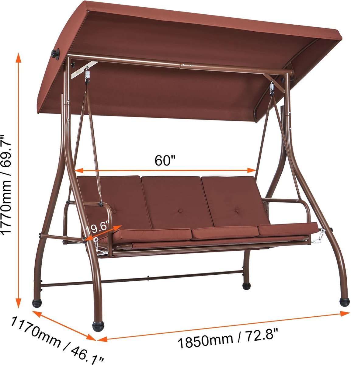 3-Zits Schommelstoel - Schommelstoel - Plek Voor 3 Personen - Incl Verstelbare Luifel - Verwijderbaar Kussen - Ideaal Voor Veranda, Tuin Of Patio - Kleur Bruin - 174X110X152 CM