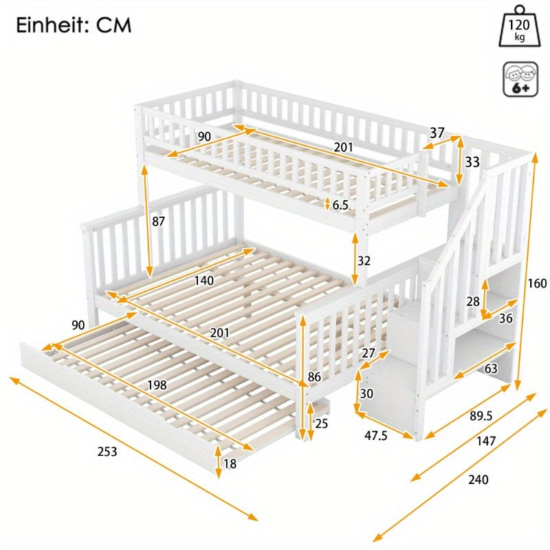 Stapelbed – Hoogslaper – Kinderbed – Etagebed – Bunkbed – Wit – Ruimtebesparend Ontwerp – Uitschuifladen Met Ladder – 140x200 & 90x200 cm – Lattenbodem – Eenvoudige Montage