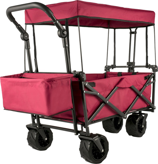 Opvouwbare Bolderkar - Tuinwagen met Dakje en 2 Klittenbandsluitingen - Max. Draagvermogen 100 kg - Tuinkar met 4 Universeel Wielen - Kamperen - Barbecues - Picknick - Rood