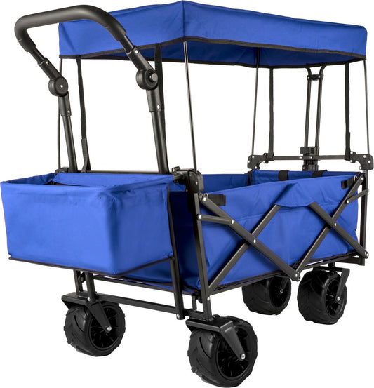 Opvouwbare Bolderkar - Tuinwagen met Dakje en 2 Klittenbandsluitingen - Max. Draagvermogen 100 kg - Tuinkar met 4 Universeel Wielen - Kamperen - Barbecues - Picknick - Blauw
