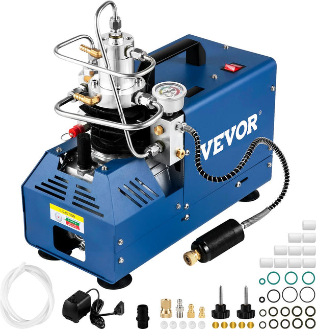 Elektrische Luchtcompressorpomp - Handmatige Stop Luchtcompressor - met Waterkoeling Warmteafvoer - LED -Temperatuurweergave - voor Duikfles - Paintballtank - 1800W - Hogedrukluchtpomp - 4500 PSI - Blauw