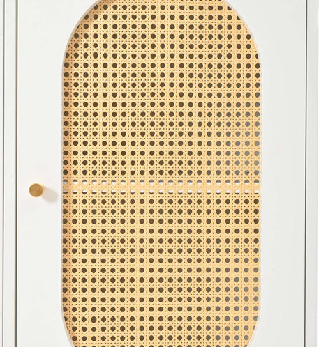 Gutent Sideboard, White, with 3 Doors, Lots of Storage Space, Artificial Rattan Doors and Metal Handles, is an accent piece in the dining room, living room and kitchen.