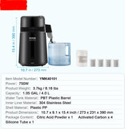 Waterdistilleerapparaat-1 L/uur-4L -  Distilleerapparaat roestvrij staal - 750W - Distilleerapparaat met één - Temperatuurdisplay - Reinigingspoeder voor - Glazen karaf 3 - Koolstofpakketten - Zwart