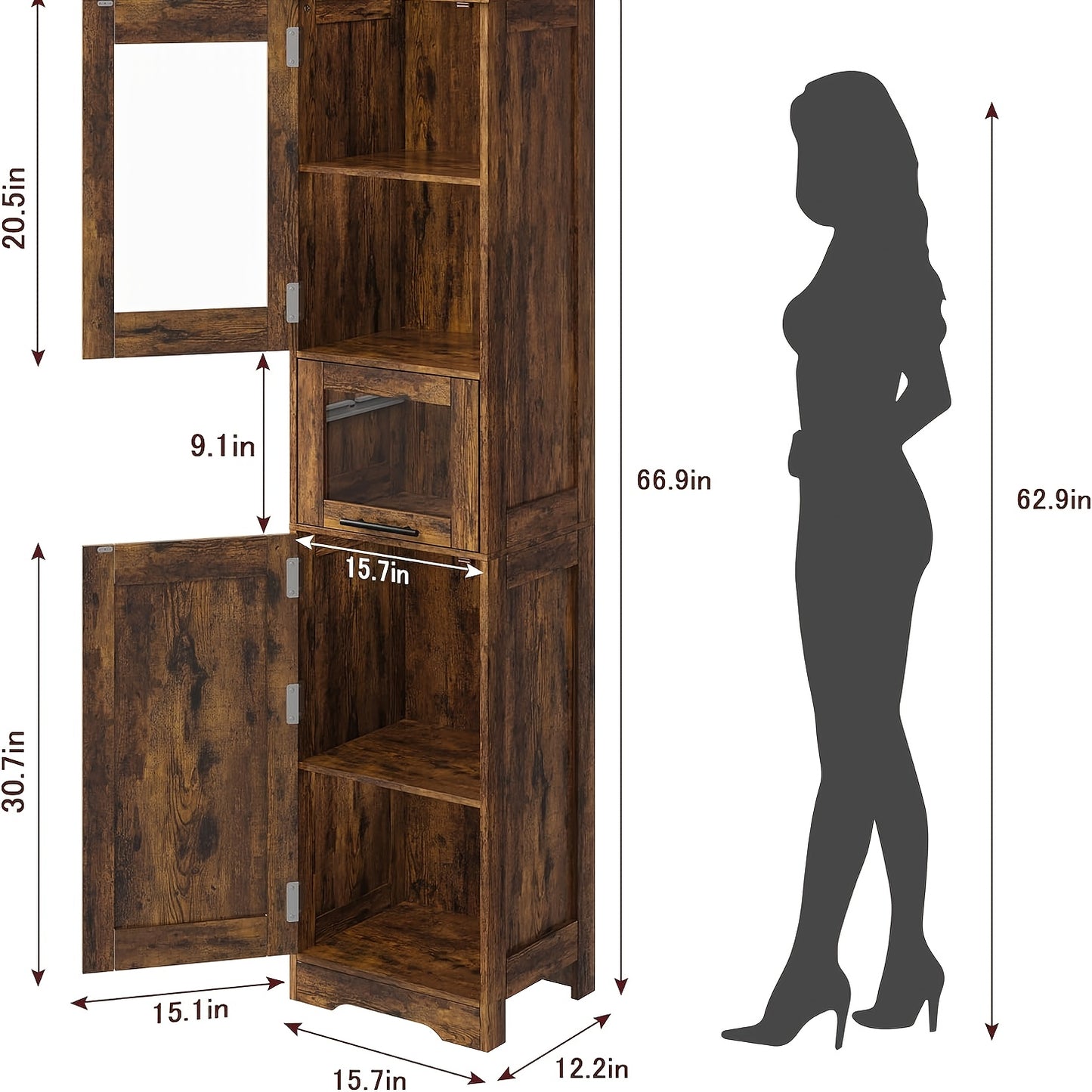 Badkamerkast – Opbergkast – Kolomkast – Wastafelonderkast – Badkamermeubel – Smal Hoog Model – Vrijstaand – 170 cm Hoog – Rustiek Bruin Hout
