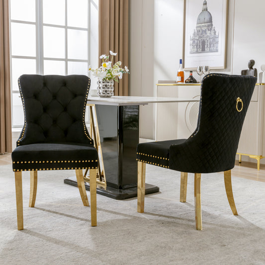 Eetkamerstoel – Stoel – Kuipstoel – Designstoel – Zithoekstoel – Zwart Fluweel – Gouden Roestvrijstalen Poten – Ronde Rugleuning Met Nagelrand – Dikke Gevoerde Zit – Comfortabel & Stijlvol