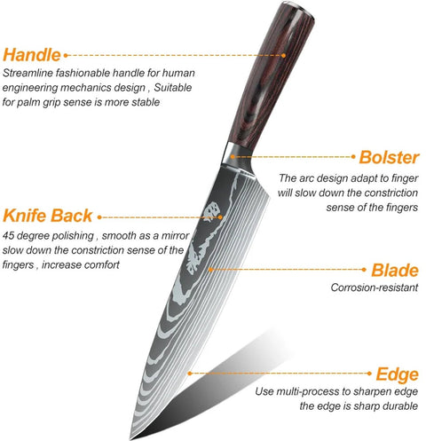 Japanse messen - Koksmes - Damascus mes - 8 delig messenset - Bruin