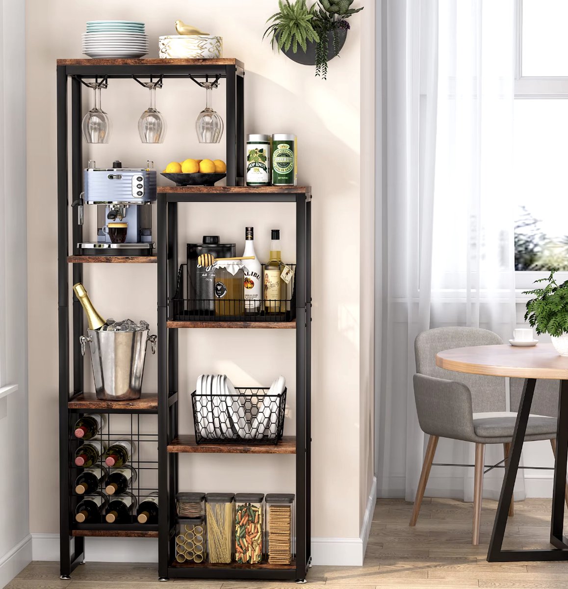 Wine cabinet - Wine rack - Beverage cabinet - Cupboard - Wine glass holders - Bottle holders - Industrial - Wood and metal - Brown/Black - 175x80x30cm