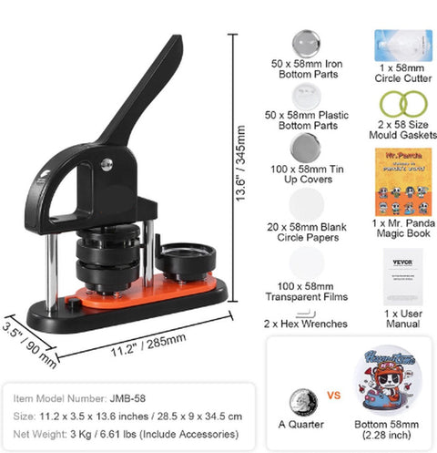 Button Maker B58 - Hoogwaardige Button Machine - Ergonomisch - Eenvoudig Gebruik en Installatie - Incl. 100 Buttons (58mm) en Patronenboek - DIY - Hobby