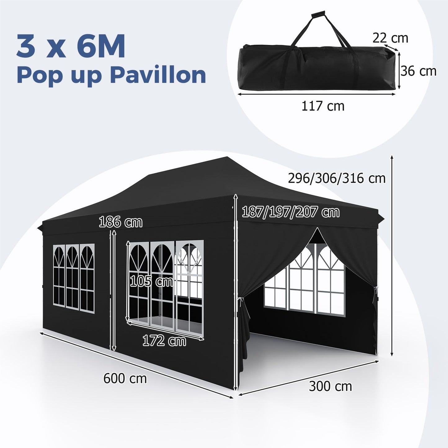 Paviljoen – Tuinpaviljoen – Partytent – Tenten – Evenementen Tent – 3 x 6 m – Waterdicht Oxford Stof met UV-bescherming 50+ – Inclusief 6 Zijwanden en 6 Zandzakken – Zwart