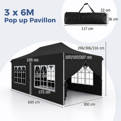 Paviljoen – Tuinpaviljoen – Partytent – Tenten – Evenementen Tent – 3 x 6 m – Waterdicht Oxford Stof met UV-bescherming 50+ – Inclusief 6 Zijwanden en 6 Zandzakken – Zwart