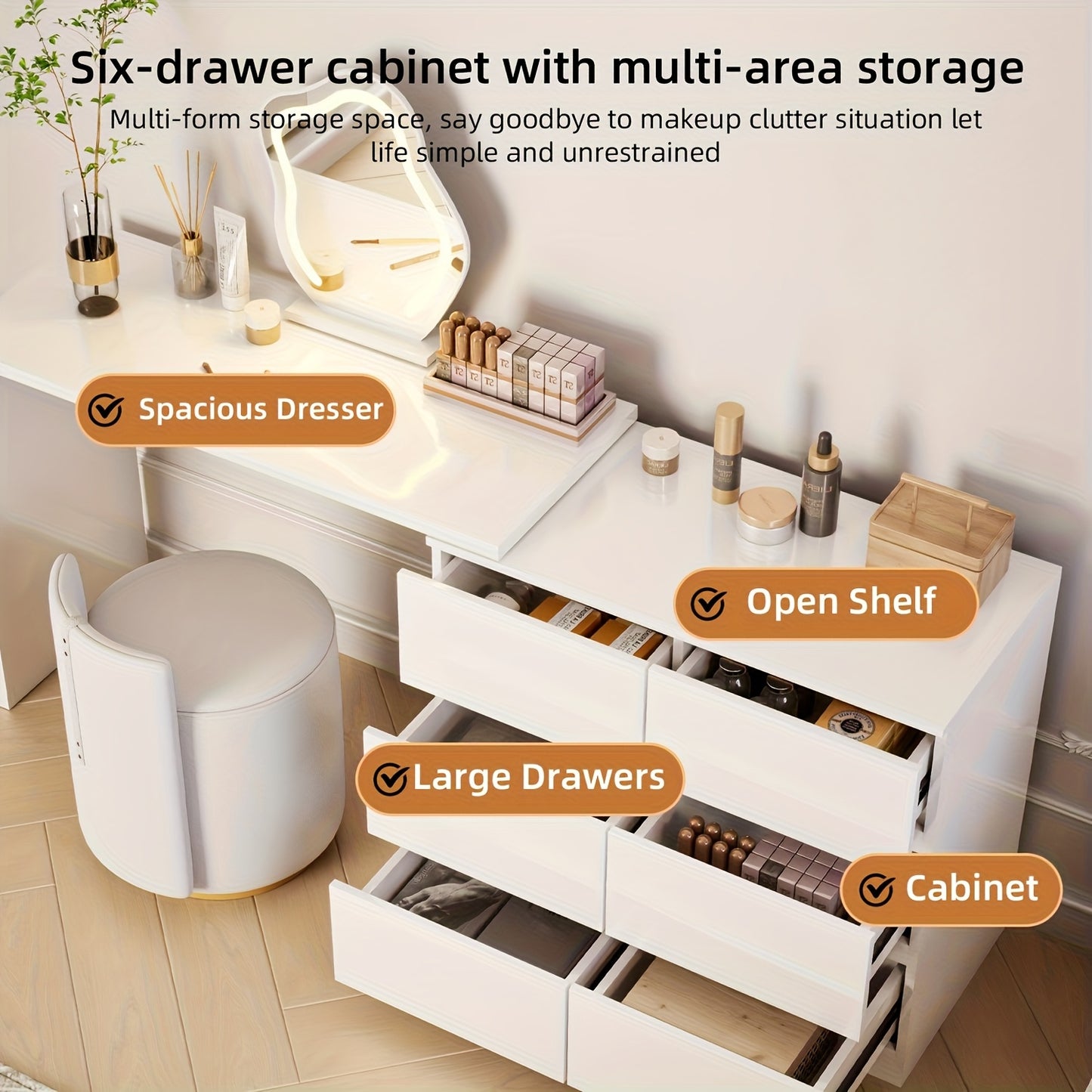 Kaptafel – Make-up Tafel – Dressoir – Opmaaktafel – Houten Kaptafel – Uitbreidbaar & Draaibaar Tafelblad – 6 Geluidsarme Lades – Wit