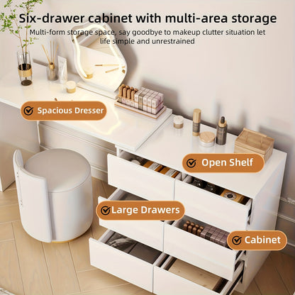 Kaptafel – Make-up Tafel – Dressoir – Opmaaktafel – Houten Kaptafel – Uitbreidbaar & Draaibaar Tafelblad – 6 Geluidsarme Lades – Wit