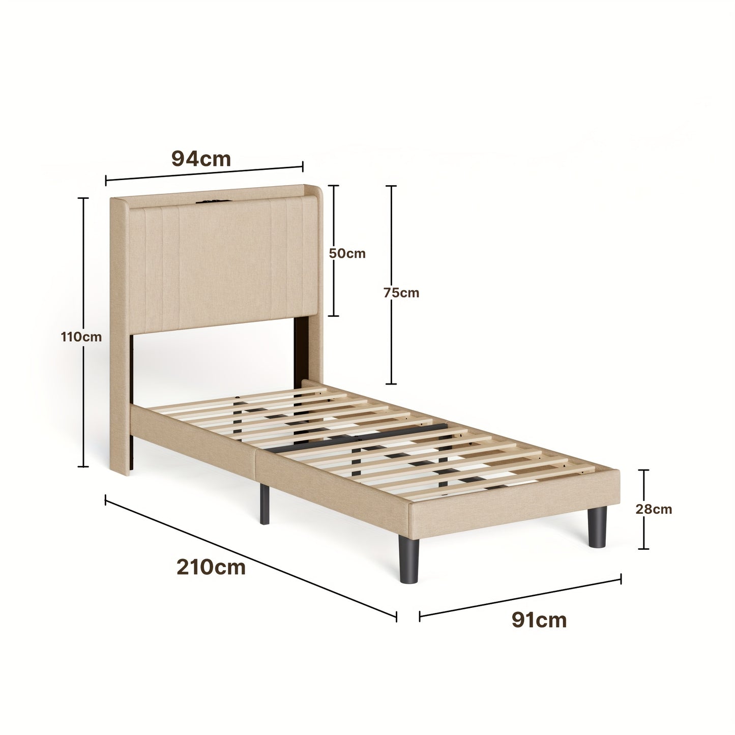Eenpersoonsbed – Single Bed – Bedframe – Bedombouw – Slaapbed – 90x200 cm – Opbergruimte Hoofdeinde – Stil Geluid – 16 cm Opbergruimte Onderbed – Hout Metaal Mix – Eenvoudige Montage – Ruimtebesparend Design