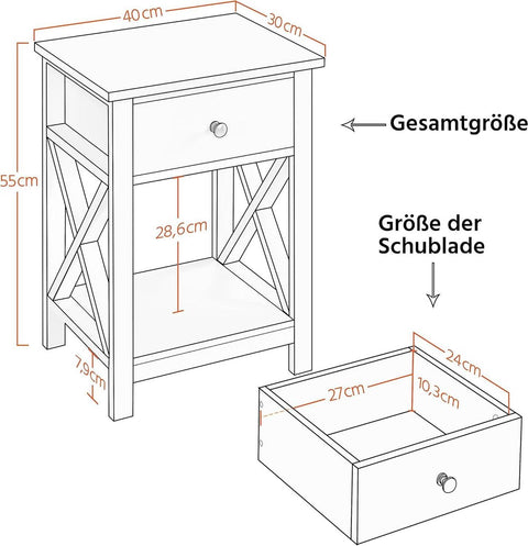 Nachtkastjes set - 1 lade - open opbergvak - X-vormige steunpoten - moderne houten bijzettafel - slaapkamer/woonkamer - 40 × 30 × 55 cm