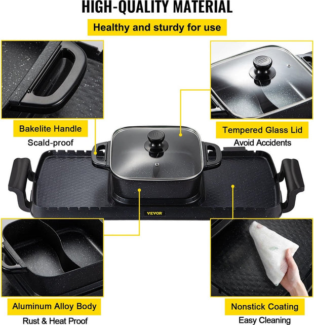 Electric BBQ - Pan Grill and Hot Pot - Powerful 2400W - Portable and Smoke-free - Removable Non-stick Coating - BBQ - Gourmet - Grill - Cookware - Cooking - Grilling