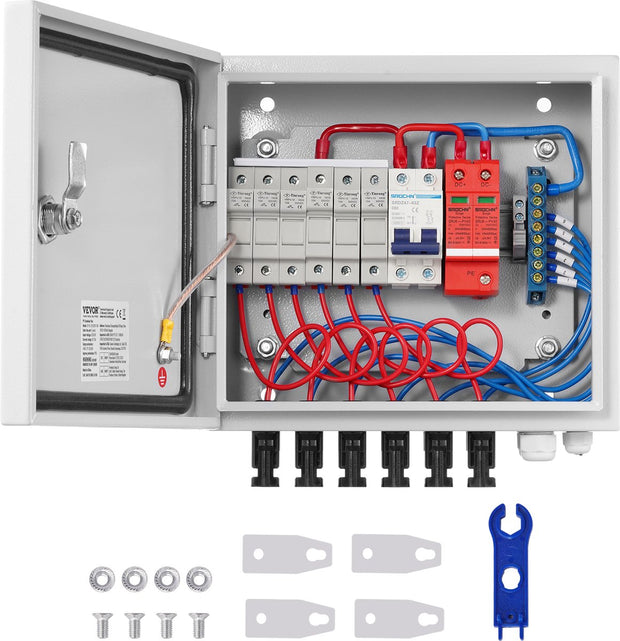 Solar PV-Combinatorbox, 6-Snaar, 15A - Stalen Behuizing - met Bliksembeveiliging - 15A DC - Zekeringen en een Stroomonderbreker Ondersteunt - IP65 Stof- en Waterbarrière - voor Zonne-Energiesystemen op en Buiten het Elektriciteitsnet