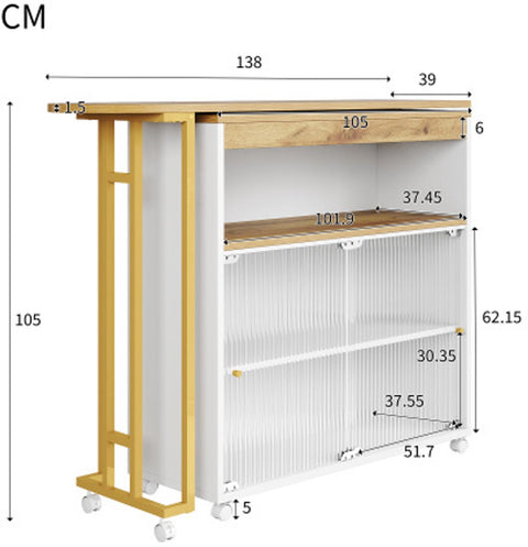 Uitschuifbare Bartafel met Opbergruimte - Moderne Verplaatsbare Bartafel - Telescopische Bartafel met LED - Bartafel - Bistrotafel - Hoge Tafel - Kookeiland - Bistrotafel - (138-204×39×105cm) - Wit & Goud