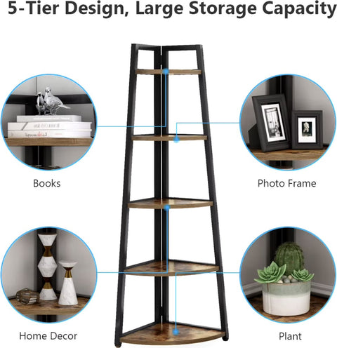 Bookcase - Corner cabinet - Cabinet with shelves - Quarter circle - 5 shelves - Industrial - Wood and metal - Brown/Black