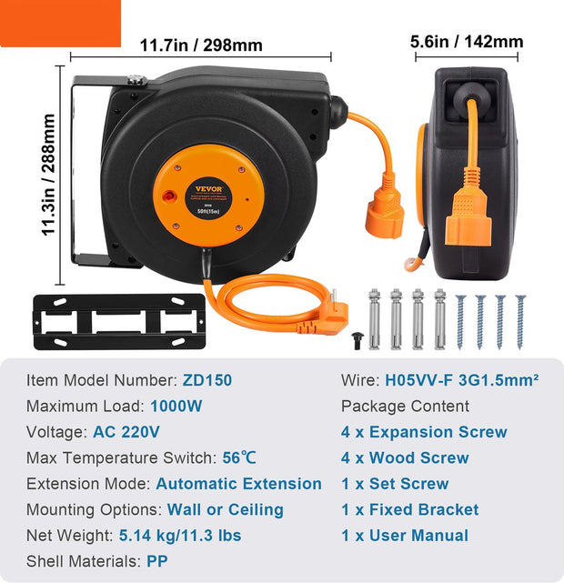Kabelhaspel - Wandmontage Verlengkabel - Automatische Uitbreiding - Montagemogelijkheden Muur of Plafond - 15m - 1000W - Spanning AC 220V - Max. Temperatuurschakelaar 56℃ - Zwart