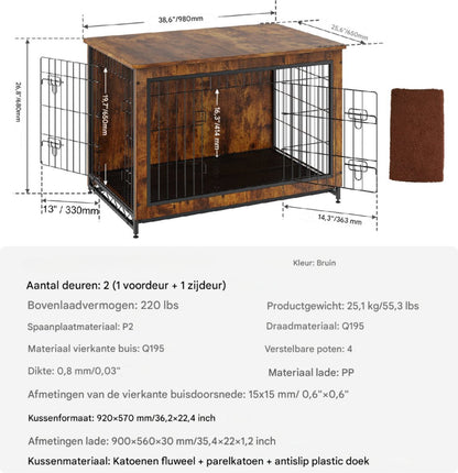 2-Deurs Hondenkennel - Meubelkennel - Duurzaam Stalen Frame - Inclusief Kussen