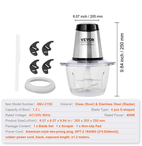 Elektrische Keukenmachine - 400W - 1,2 L - Glascontainer - BPA-Vrij - Met 2 Haksnelheden - S-Vormig Mes - Gebruiksvriendelijk Ontwerp - Geschikt voor Thuisgebruik - Zilver