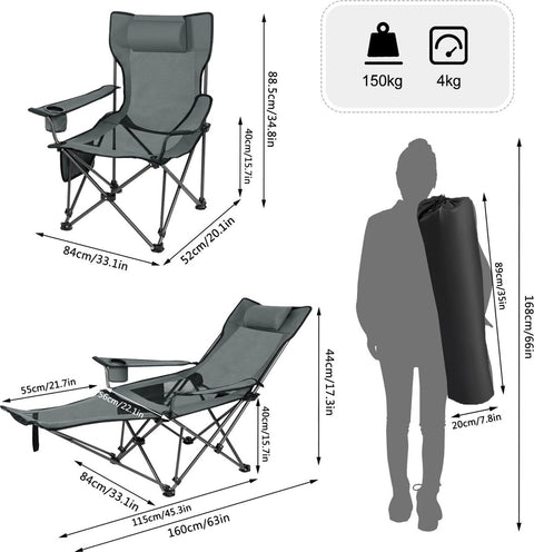 Opvouwbare Campingstoel - Comfortabele Kampeerstoel - met Verwijderbare Voetsteun - Ingebouwde Drinkhouder - Weerbestendig en Draagbaar - Grijs