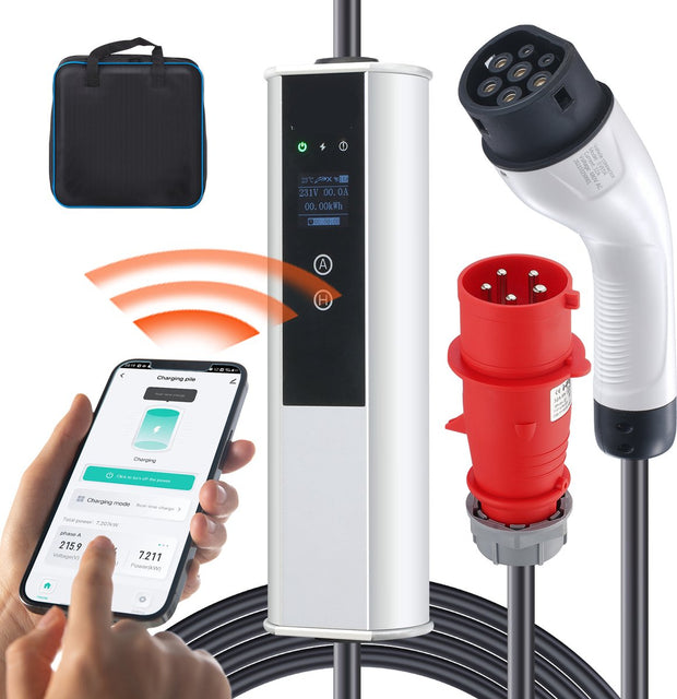 Laadkabel - 32A Lader - Type 2 EV - met CEE 32-stekker - Wallbox 7,36kW (enkelfasig) / 22kW (driefasig) - EV-laadstation - met 4 Stroomaanpassingsniveaus (16A/20A/24A/32A) - Voor Elektrisch Voertuig