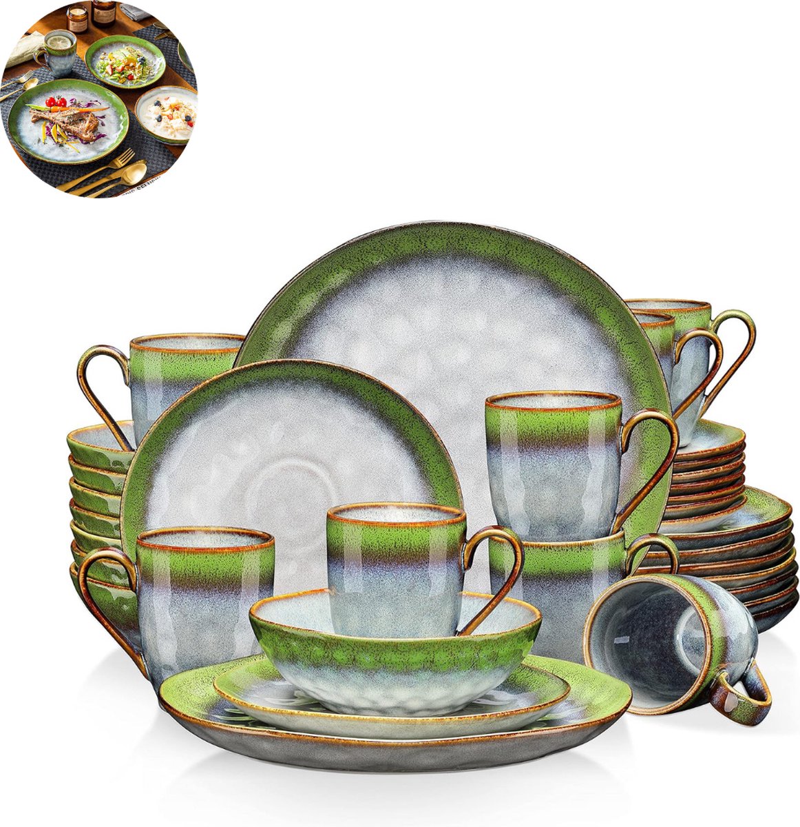 Luxe Serviesset – 32 delig – 8 persoons – Porselein - Bordenset – Dinner platen – Dessertborden - Kommen - Schaaltjes - Groen