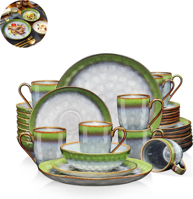 Luxe Serviesset – 32 delig – 8 persoons – Porselein - Bordenset – Dinner platen – Dessertborden - Kommen - Schaaltjes - Groen