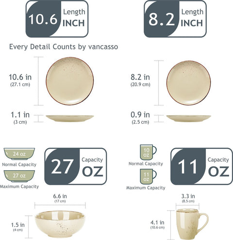 Serviesset - 32-delig - Steengoed Keramiek - Diner- & Dessertborden, 800ml Kommen & Mokken - Elegant & Milieuvriendelijk