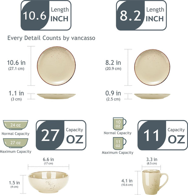 Serviesset - 32-delig - Steengoed Keramiek - Diner- & Dessertborden, 800ml Kommen & Mokken - Elegant & Milieuvriendelijk