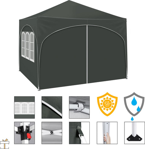Partytent met zijwanden - Grijs - Opvouwbaar - Easy up - Paviljoen - Waterdicht weerbestendig - 3x3 m