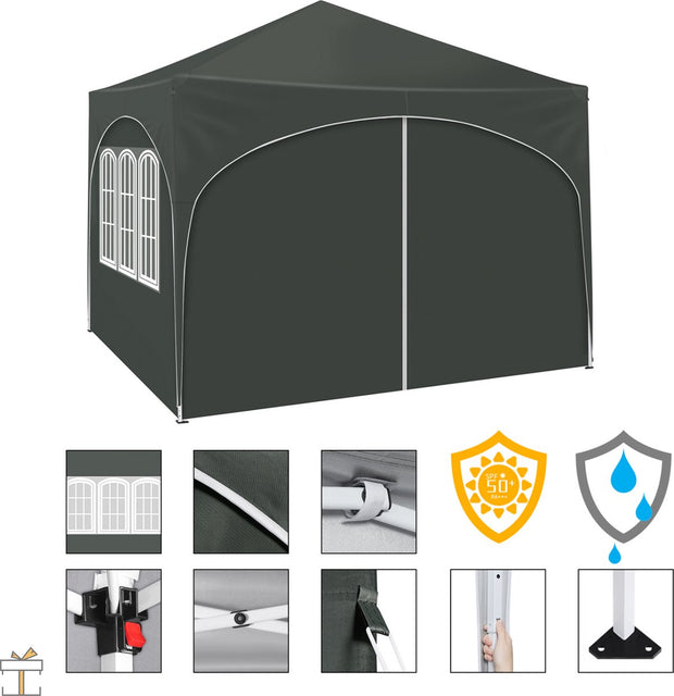 Partytent met zijwanden - Grijs - Opvouwbaar - Easy up - Paviljoen - Waterdicht weerbestendig - 3x3 m