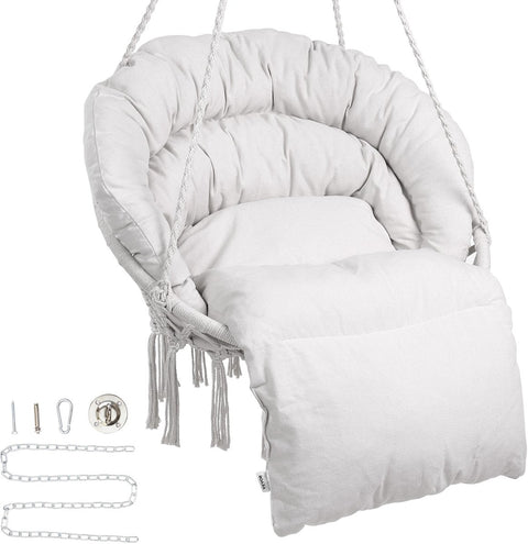 Hangstoel - Staal En Katoen - 150 Kg Capaciteit - Met Kussen - Met Geweven Netkabel - Inklapbaar, Bohemian Stijl - Geschikt Voor Binnen En Buiten - 80 X 62,5 X 80 Cm - Beige