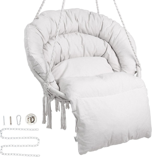 Hangstoel - Staal En Katoen - 150 Kg Capaciteit - Met Kussen - Met Geweven Netkabel - Inklapbaar, Bohemian Stijl - Geschikt Voor Binnen En Buiten - 80 X 62,5 X 80 Cm - Beige