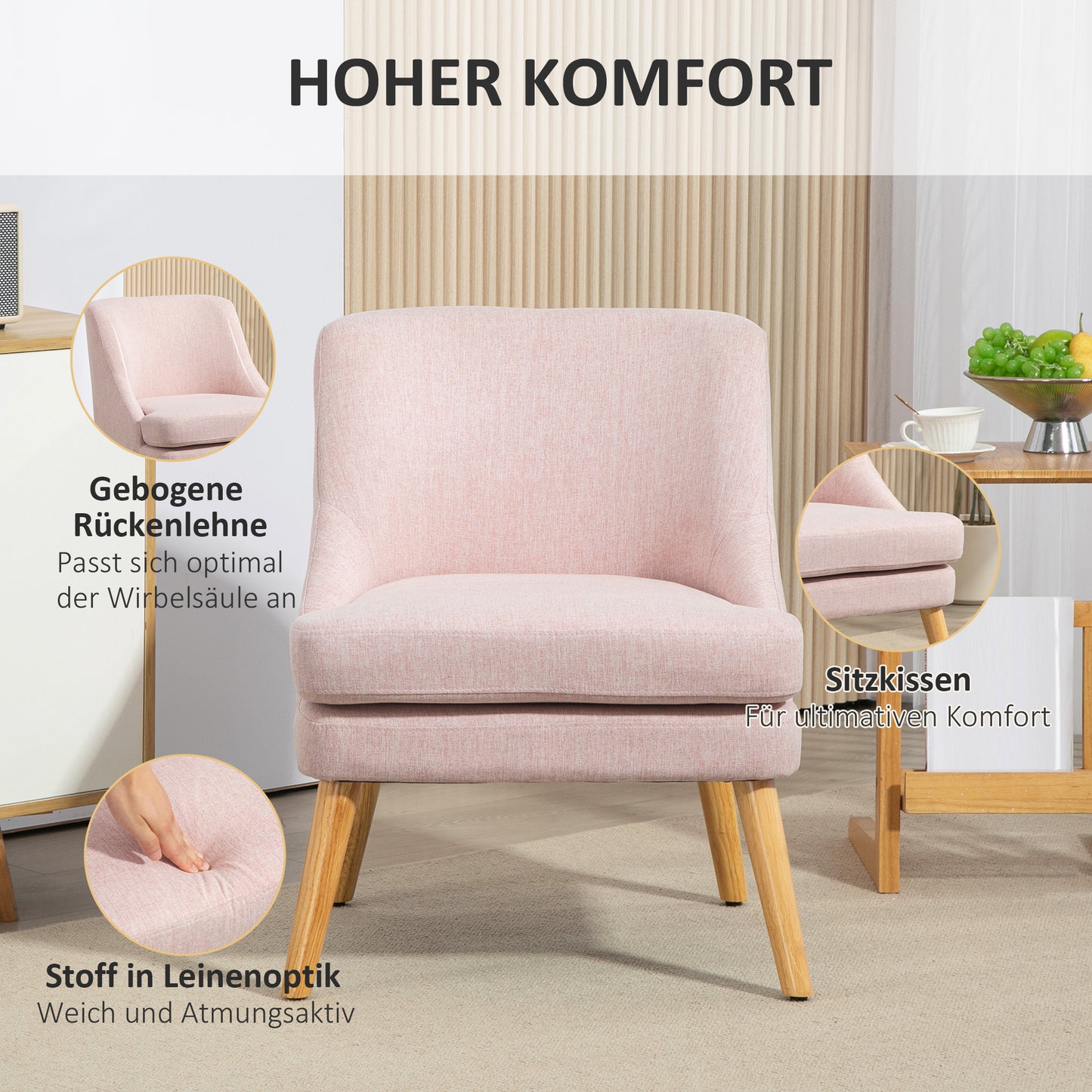 Scandinavische Accentstoel – Fauteuil – Zitzak – Designstoel – Velvet Stoel – Zachte Velvet Bekleding – Stevig Hevea Houten Frame – Beige – 63x69x79,5 cm