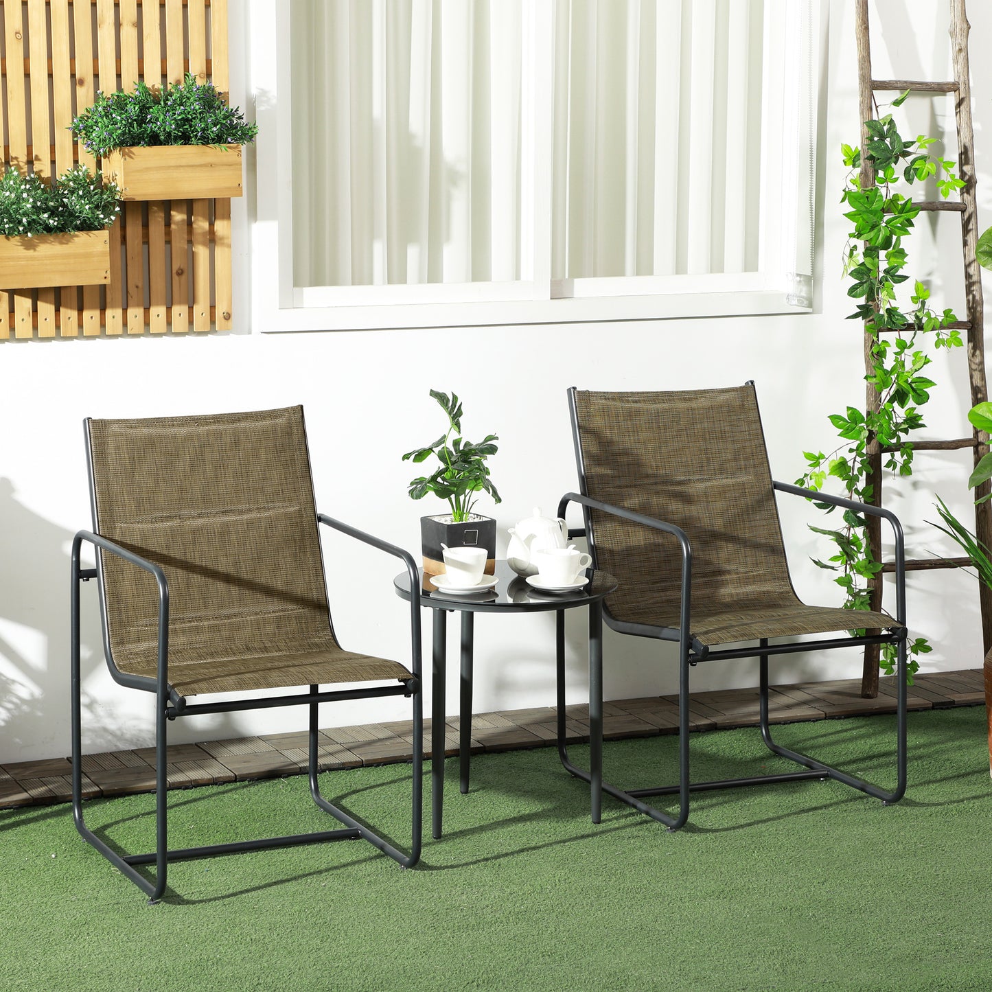 Tuinstoelen – Buitenstoelen – Terrasstoelen – Balkonstoelen – Tuinmeubel – Set Van 2 – Ademend Polyester Mesh – Stevig Stalen Frame – Zwart/Bruin – 54x66,5x88 cm