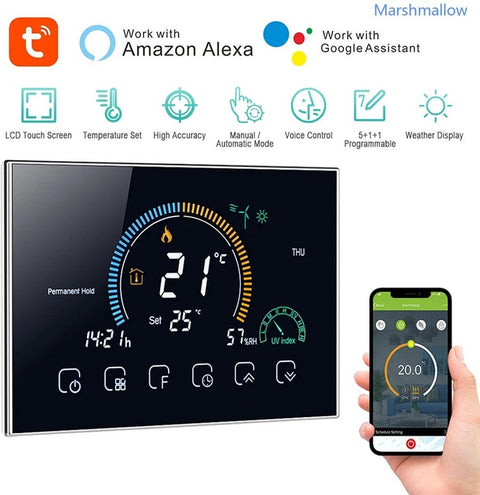 WiFi Slimme Programmeerbare Thermostaat – LCD Touchscreen - Spraakbesturing - APP-bediening - Energiezuinig - Geavanceerde Temperatuurregeling