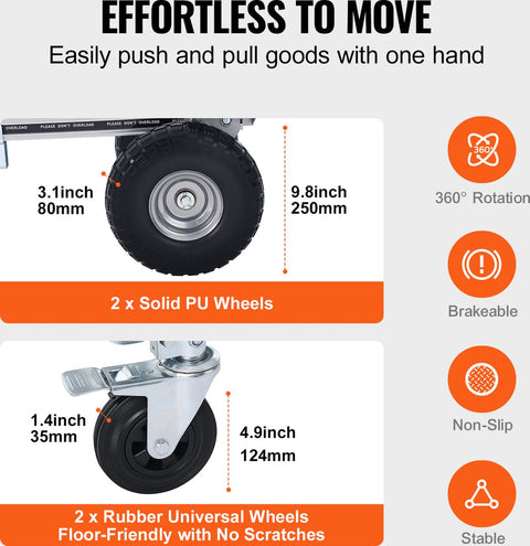 Steekwagen - Opvouwbaar - 2-in-1 - Corrosiebestendig en Roestbestendig - 360° - 318/454 kg - Remwielen Staan - voor Laad- en Transporttaken Binnen en Buiten - Zilver